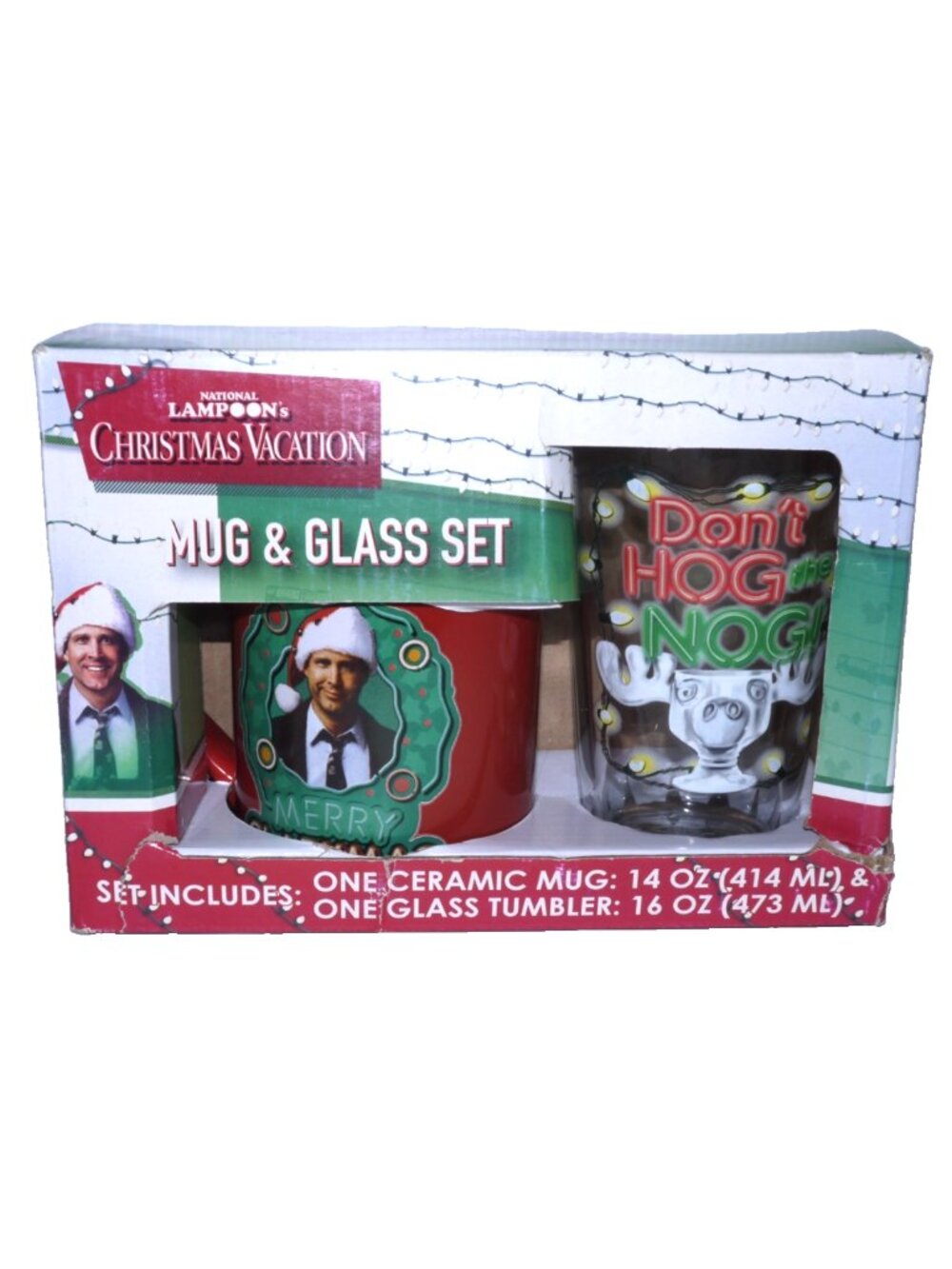 National Lampoon's Christmas Vacation Chevy Chase mug & glass set, never used